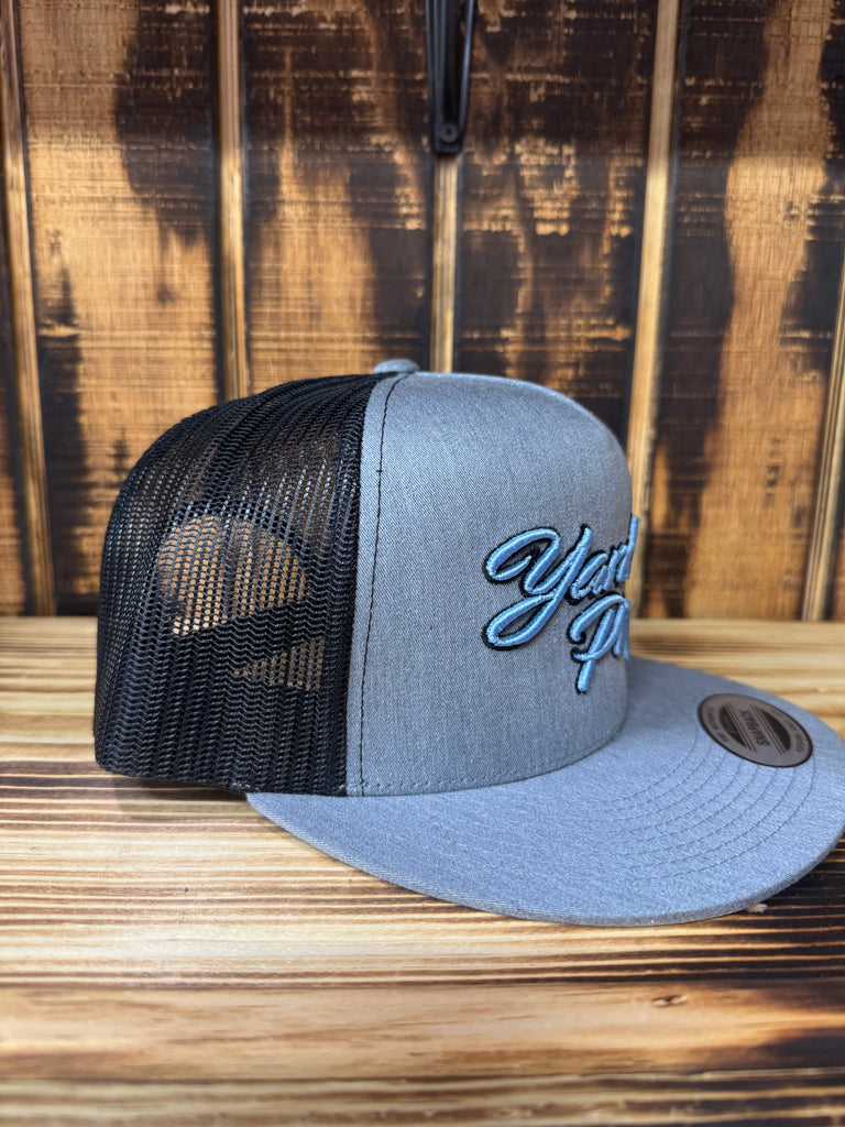 New Gray Hat with Black Back / Blue Yard Pimp in Raised Stitching